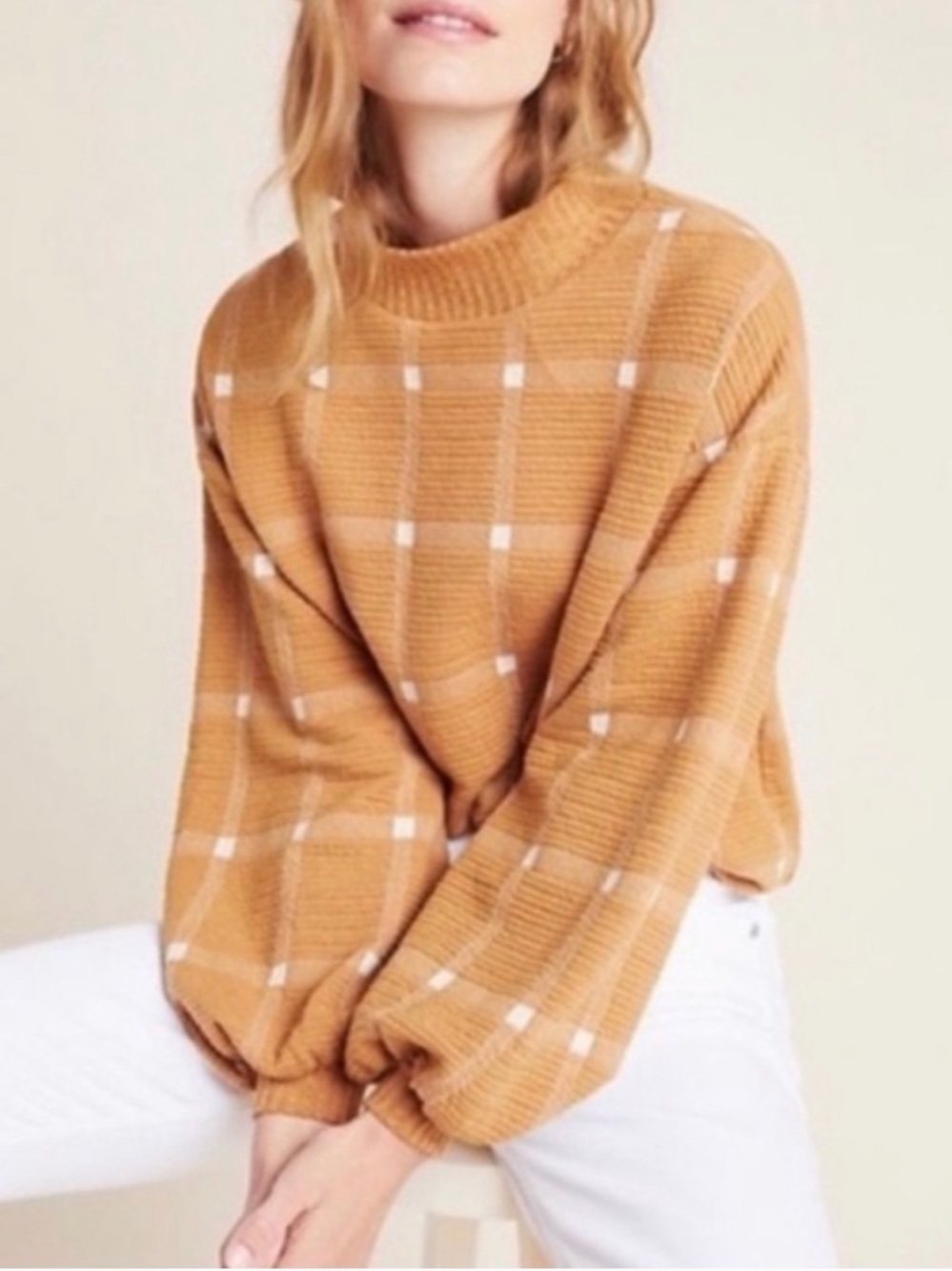 Anthropologie Porridge Camel brown Plaid Mock Neck pullover XL